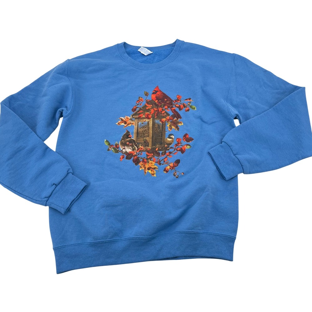 Jerzees NuBlend Blue Cardinal Birdhouse Graphic Crew Neck Sweatshirt‎ Small